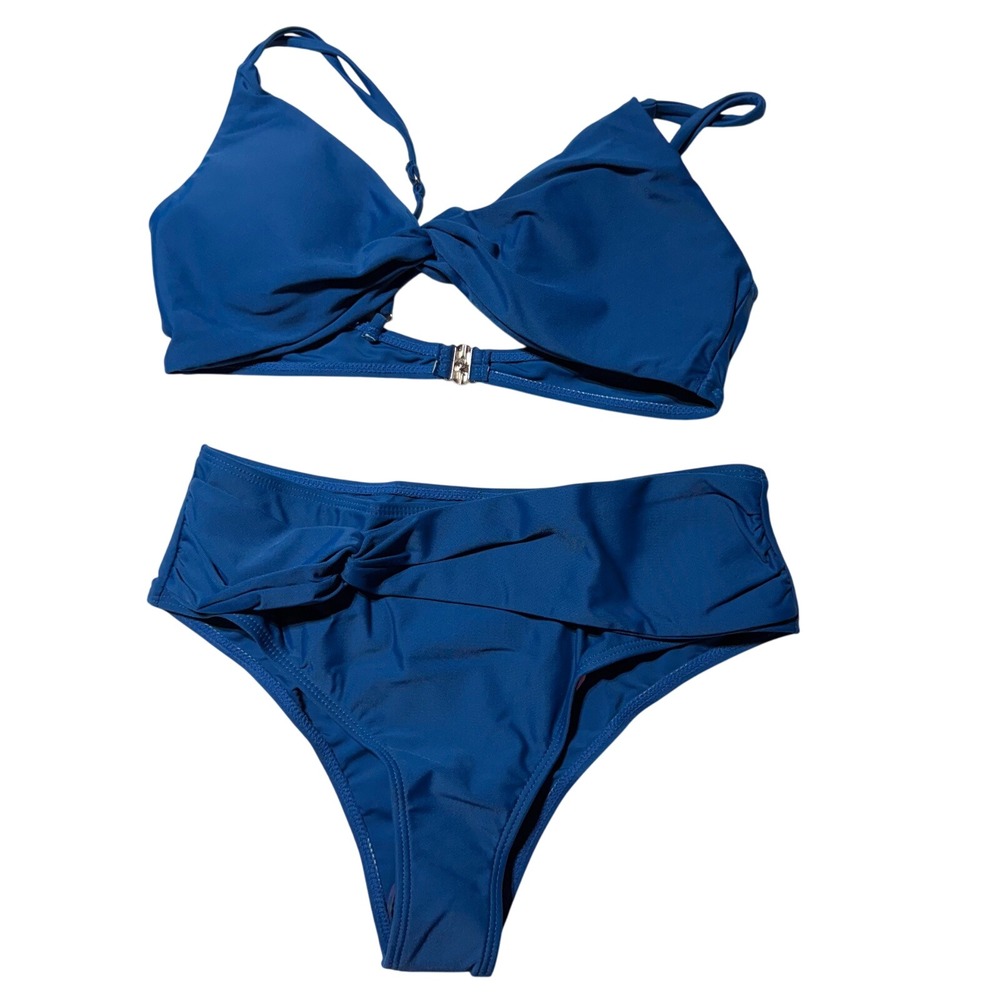 Blue Twist Front Bikini Set High Waisted‎ Swimsuit Beachwear L